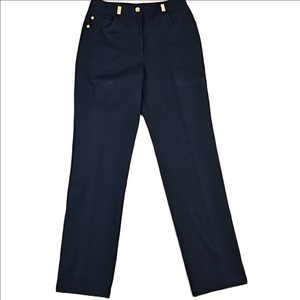 St. John Sport Black Cotton Stretch Straight Leg Trouser w Gold Logo Accents